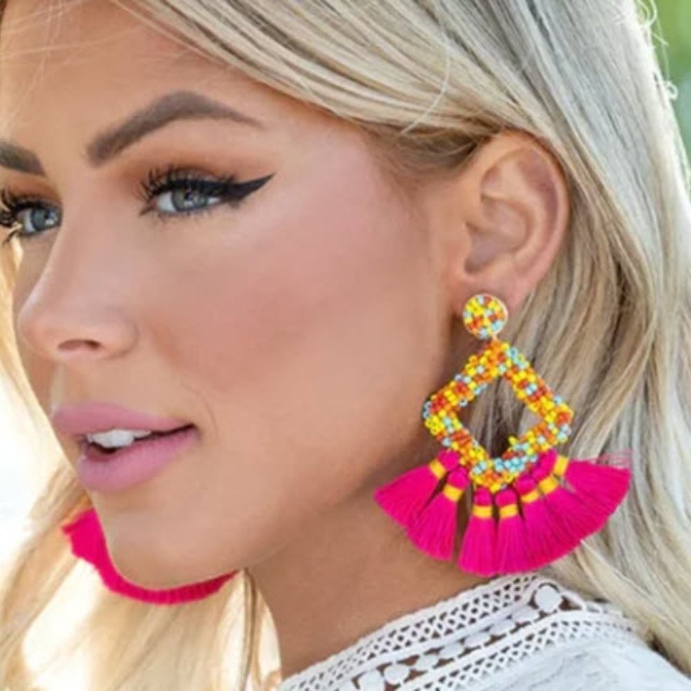 New Bright Neon Beaded Hot Pink Yellow Earrings - Sam #111